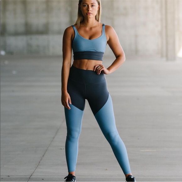 ZYIA Parallel Luxe Leggings Color Block Ruched 7/8 Storm Gray Blue Size 12 - Picture 1 of 6